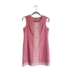 Vintage LL Bean Pink Gingham Lace Trim Sleeveless Shift Dress